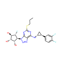 CCCSc1nc(N[C@@H]2C[C@H]2c2ccc(F)c(F)c2)c2nnn([C@H]3[C@H](O)[C@H](O)[C@@H](O)[C@@H]3F)c2n1 ZINC000103225594
