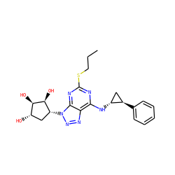 CCCSc1nc(N[C@@H]2C[C@H]2c2ccccc2)c2nnn([C@@H]3C[C@H](O)[C@@H](O)[C@H]3O)c2n1 ZINC000028957435