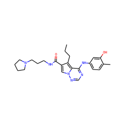 CCCc1c(C(=O)NCCCN2CCCC2)cn2ncnc(Nc3ccc(C)c(O)c3)c12 ZINC000028135187