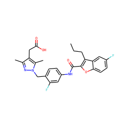 CCCc1c(C(=O)Nc2ccc(Cn3nc(C)c(CC(=O)O)c3C)c(F)c2)oc2ccc(F)cc12 ZINC000169703214