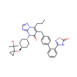 CCCc1c(Cc2ccc(-c3ccccc3-c3noc(=O)[nH]3)cc2)c(=O)n([C@H]2CC[C@H](OC3(C(C)(C)O)CC3)CC2)c2ncnn12 ZINC000261098311