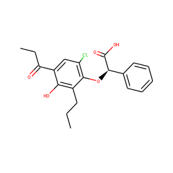 CCCc1c(O)c(C(=O)CC)cc(Cl)c1O[C@@H](C(=O)O)c1ccccc1 ZINC000013539289