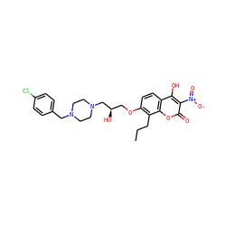 CCCc1c(OC[C@@H](O)CN2CCN(Cc3ccc(Cl)cc3)CC2)ccc2c(O)c([N+](=O)[O-])c(=O)oc12 ZINC000029232335