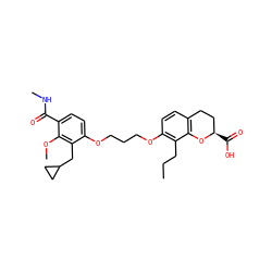 CCCc1c(OCCCOc2ccc(C(=O)NC)c(OC)c2CC2CC2)ccc2c1O[C@H](C(=O)O)CC2 ZINC000003779061