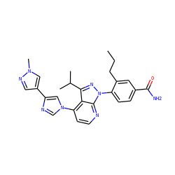 CCCc1cc(C(N)=O)ccc1-n1nc(C(C)C)c2c(-n3cnc(-c4cnn(C)c4)c3)ccnc21 ZINC000169216219