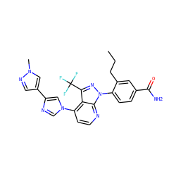 CCCc1cc(C(N)=O)ccc1-n1nc(C(F)(F)F)c2c(-n3cnc(-c4cnn(C)c4)c3)ccnc21 ZINC000169703559