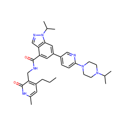CCCc1cc(C)[nH]c(=O)c1CNC(=O)c1cc(-c2ccc(N3CCN(C(C)C)CC3)nc2)cc2c1cnn2C(C)C ZINC000098043801