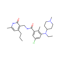 CCCc1cc(C)[nH]c(=O)c1CNC(=O)c1cc(Cl)cc(N(CC)C2CCN(C)CC2)c1C ZINC000205784193