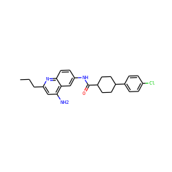 CCCc1cc(N)c2cc(NC(=O)C3CCC(c4ccc(Cl)cc4)CC3)ccc2n1 ZINC000036351740