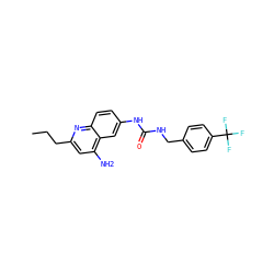 CCCc1cc(N)c2cc(NC(=O)NCc3ccc(C(F)(F)F)cc3)ccc2n1 ZINC000034270638