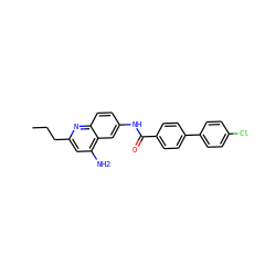 CCCc1cc(N)c2cc(NC(=O)c3ccc(-c4ccc(Cl)cc4)cc3)ccc2n1 ZINC000038149819