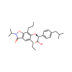 CCCc1cc2c(=O)n(C(C)C)oc2c(CCC)c1O[C@H](C(=O)O)c1ccc(CC(C)C)cc1 ZINC000012358601