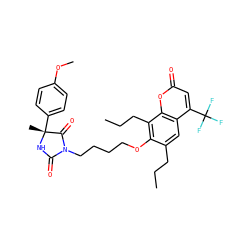 CCCc1cc2c(C(F)(F)F)cc(=O)oc2c(CCC)c1OCCCCN1C(=O)N[C@](C)(c2ccc(OC)cc2)C1=O ZINC000116616945