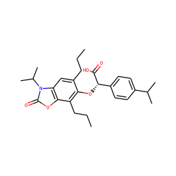 CCCc1cc2c(oc(=O)n2C(C)C)c(CCC)c1O[C@H](C(=O)O)c1ccc(C(C)C)cc1 ZINC000012358592
