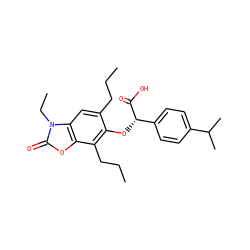 CCCc1cc2c(oc(=O)n2CC)c(CCC)c1O[C@H](C(=O)O)c1ccc(C(C)C)cc1 ZINC000012358588