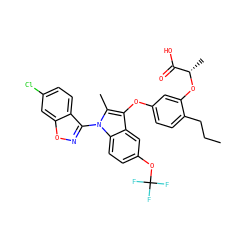 CCCc1ccc(Oc2c(C)n(-c3noc4cc(Cl)ccc34)c3ccc(OC(F)(F)F)cc23)cc1O[C@@H](C)C(=O)O ZINC000028476759