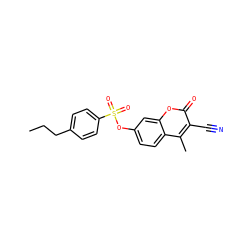 CCCc1ccc(S(=O)(=O)Oc2ccc3c(C)c(C#N)c(=O)oc3c2)cc1 ZINC001772627968