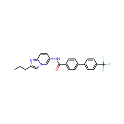 CCCc1cn2cc(NC(=O)c3ccc(-c4ccc(C(F)(F)F)cc4)cc3)ccc2n1 ZINC000043018252