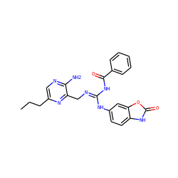 CCCc1cnc(N)c(C/N=C(/NC(=O)c2ccccc2)Nc2ccc3[nH]c(=O)oc3c2)n1 ZINC000473156982