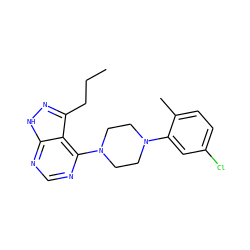 CCCc1n[nH]c2ncnc(N3CCN(c4cc(Cl)ccc4C)CC3)c12 ZINC000084615822