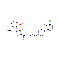CCCc1nc(C(=O)NCCCN2CCN(c3cccc(Cl)c3C)CC2)c(C)n1-c1ccccc1OC ZINC000072105262