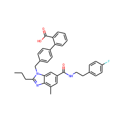 CCCc1nc2c(C)cc(C(=O)NCCc3ccc(F)cc3)cc2n1Cc1ccc(-c2ccccc2C(=O)O)cc1 ZINC000073197354