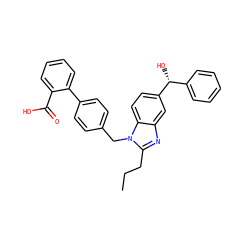 CCCc1nc2cc([C@H](O)c3ccccc3)ccc2n1Cc1ccc(-c2ccccc2C(=O)O)cc1 ZINC000058582370