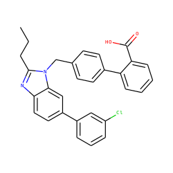 CCCc1nc2ccc(-c3cccc(Cl)c3)cc2n1Cc1ccc(-c2ccccc2C(=O)O)cc1 ZINC001772619980