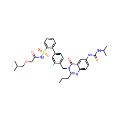 CCCc1nc2ccc(NC(=O)NC(C)C)cc2c(=O)n1Cc1ccc(-c2ccccc2S(=O)(=O)NC(=O)COCC(C)C)cc1F ZINC000026388859