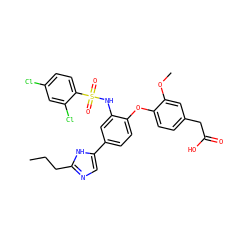CCCc1ncc(-c2ccc(Oc3ccc(CC(=O)O)cc3OC)c(NS(=O)(=O)c3ccc(Cl)cc3Cl)c2)[nH]1 ZINC000073197656