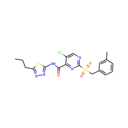 CCCc1nnc(NC(=O)c2nc(S(=O)(=O)Cc3cccc(C)c3)ncc2Cl)s1 ZINC000008917474