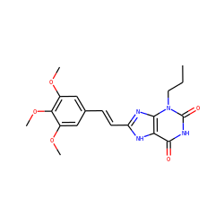 CCCn1c(=O)[nH]c(=O)c2[nH]c(/C=C/c3cc(OC)c(OC)c(OC)c3)nc21 ZINC000012405398