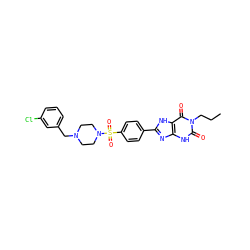 CCCn1c(=O)[nH]c2nc(-c3ccc(S(=O)(=O)N4CCN(Cc5cccc(Cl)c5)CC4)cc3)[nH]c2c1=O ZINC000049872227