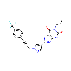 CCCn1c(=O)[nH]c2nc(-c3cnn(CC#Cc4ccc(C(F)(F)F)cc4)c3)[nH]c2c1=O ZINC000088247904