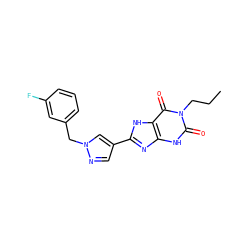 CCCn1c(=O)[nH]c2nc(-c3cnn(Cc4cccc(F)c4)c3)[nH]c2c1=O ZINC000029037284