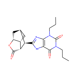 CCCn1c(=O)c2[nH]c([C@H]3[C@@H]4C(=O)O[C@@H]5C[C@H]3C[C@H]45)nc2n(CCC)c1=O ZINC000095573600