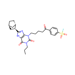 CCCn1c(=O)c2[nH]c([C@H]3C[C@H]4CC[C@H]3C4)nc2n(CCCCC(=O)c2ccc(S(=O)(=O)F)cc2)c1=O ZINC000135701825