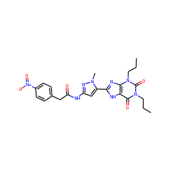 CCCn1c(=O)c2[nH]c(-c3cc(NC(=O)Cc4ccc([N+](=O)[O-])cc4)nn3C)nc2n(CCC)c1=O ZINC000013559723