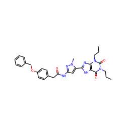 CCCn1c(=O)c2[nH]c(-c3cc(NC(=O)Cc4ccc(OCc5ccccc5)cc4)nn3C)nc2n(CCC)c1=O ZINC000029228758