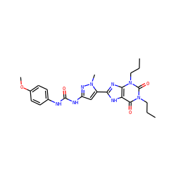 CCCn1c(=O)c2[nH]c(-c3cc(NC(=O)Nc4ccc(OC)cc4)nn3C)nc2n(CCC)c1=O ZINC000013559743