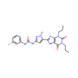 CCCn1c(=O)c2[nH]c(-c3cc(NC(=O)Nc4cccc(Cl)c4)nn3C)nc2n(CCC)c1=O ZINC000013559741