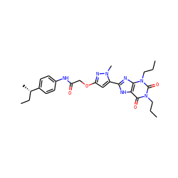 CCCn1c(=O)c2[nH]c(-c3cc(OCC(=O)Nc4ccc([C@@H](C)CC)cc4)nn3C)nc2n(CCC)c1=O ZINC000013559750