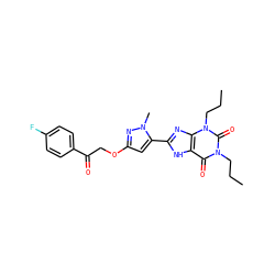 CCCn1c(=O)c2[nH]c(-c3cc(OCC(=O)c4ccc(F)cc4)nn3C)nc2n(CCC)c1=O ZINC000028566415