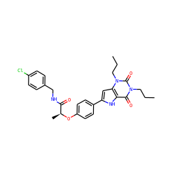 CCCn1c(=O)c2[nH]c(-c3ccc(O[C@@H](C)C(=O)NCc4ccc(Cl)cc4)cc3)cc2n(CCC)c1=O ZINC000013678855