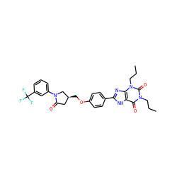 CCCn1c(=O)c2[nH]c(-c3ccc(OC[C@H]4CC(=O)N(c5cccc(C(F)(F)F)c5)C4)cc3)nc2n(CCC)c1=O ZINC000115151746