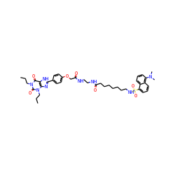 CCCn1c(=O)c2[nH]c(-c3ccc(OCC(=O)NCCNC(=O)CCCCCCCNS(=O)(=O)c4cccc5c(N(C)C)cccc45)cc3)nc2n(CCC)c1=O ZINC000096914716