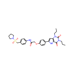 CCCn1c(=O)c2[nH]c(-c3ccc(OCC(=O)Nc4ccc(CS(=O)(=O)N5CCCC5)cc4)cc3)cc2n(CCC)c1=O ZINC000028567157