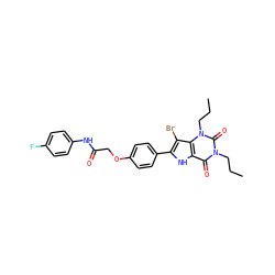 CCCn1c(=O)c2[nH]c(-c3ccc(OCC(=O)Nc4ccc(F)cc4)cc3)c(Br)c2n(CCC)c1=O ZINC000028568715