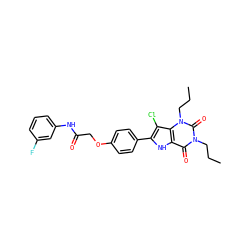 CCCn1c(=O)c2[nH]c(-c3ccc(OCC(=O)Nc4cccc(F)c4)cc3)c(Cl)c2n(CCC)c1=O ZINC000013678752