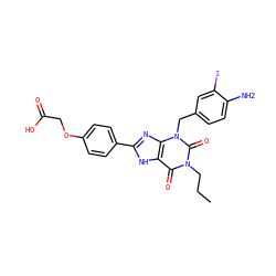 CCCn1c(=O)c2[nH]c(-c3ccc(OCC(=O)O)cc3)nc2n(Cc2ccc(N)c(I)c2)c1=O ZINC000012405708
